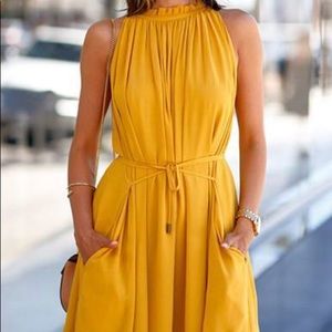Yellow Shift dress with ruched neckline